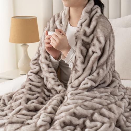 Battilo Faux Fur Throw Blanket for Couch, Soft Fluffy Ruched Fur Blanket, Cozy Thick Warm Fuzzy Brown Minky Blanket for Bed Chair Home 60"x80"(Tip Dye Brown) | Soft Ruched Faux Rabbit Fur with a Cozy, Thick Feel, Tip-Dyed Brown for Couch, Bed or Chair - c