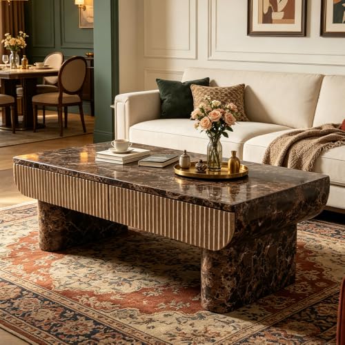 47" Coffee Table with Faux Marble Tabletop with Drawer | Modern Rectangular Center Table for Living Room, Contemporary Tea Table for Apartment,Natural Walnut - color: 47" Coffee Table With Faux Marble Tabletop,walnut