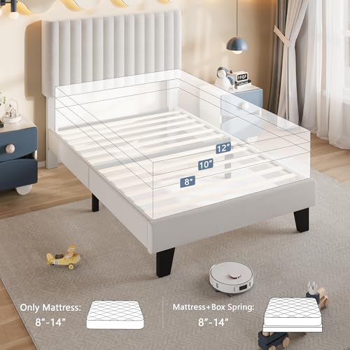 Einhomn Twin Size Bed Frame with Headboard, Upholstered Velvet Platform Bedframe with Solid Wooden Slats, Noise-Free, No Box Spring Needed, Easy Assembly, White - color: White, size: Twin