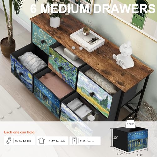 EXOTICA 6 Drawer Dresser for Bedroom Van Gogh Chest of Drawers Wide TV Stands Fabric Storage Drawer Unit for Living Room Entryway Closet Sturdy Steel Frame Wood Top - size: 39"D x 11.8"W x 21.7"H (6 Drawers)