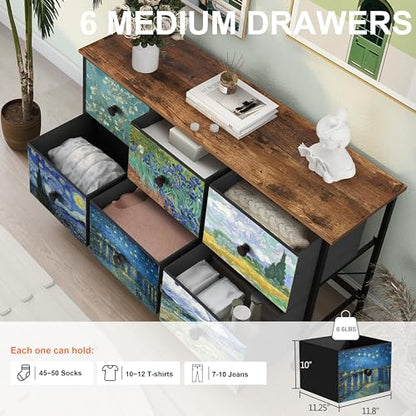 EXOTICA 6 Drawer Dresser for Bedroom Van Gogh Chest of Drawers Wide TV Stands Fabric Storage Drawer Unit for Living Room Entryway Closet Sturdy Steel Frame Wood Top - size: 39"D x 11.8"W x 21.7"H (6 Drawers)