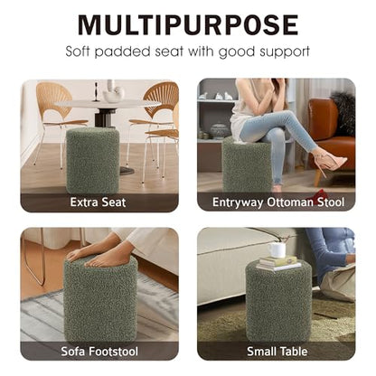 Modern Round Ottoman with Soft Padded Seat, Multifunctional Vanity Stool for Makeup, Upholstered Footrest Stool Ottoman Foot Stool for Living Room, Bedroom - color: Olive Green