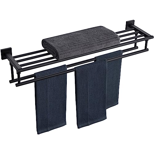 KOKOSIRI Bath Towel Rack with Double Towel Bars 32-Inch Bathroom Towel Shelves Towel Holder Wall Mounted Stainless Steel, Matte Black, B6005BK-L32 - color: Matte Black, size: 32 Inch