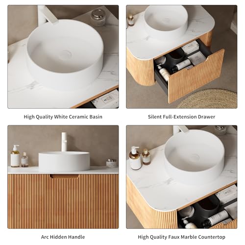 30” Floating Bathroom Vanity with Sink, Fluted Wall-Mounted Solid Wood Cabinet, White Ceramic Round Basin, Faux Marble Top, Soft-Close Drawer, Pre-Assembled, Natural Woodgrain - color: 02 - Natural Woodgrain, size: 30"