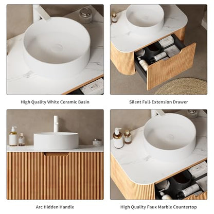 24” Floating Bathroom Vanity with Sink, Fluted Wall-Mounted Solid Wood Cabinet, White Ceramic Round Basin, Faux Marble Top, Soft-Close Drawer, Pre-Assembled, Natural Woodgrain - color: 02 - Natural Woodgrain, size: 24"