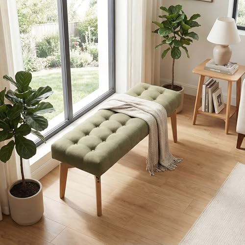 HNY Green Upholstered Bench,45.5 Wood Bedroom Bench,Ottoman | Entryway Bench Storage Bench Modern Tufted Floating Design Window Bench Seat for Living Room Indoor Hallway( Linen) - color: Green Linen
