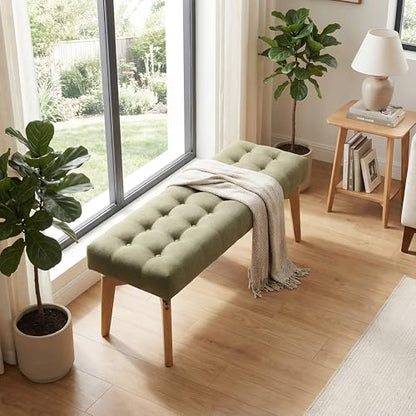 HNY Green Upholstered Bench,45.5 Wood Bedroom Bench,Ottoman | Entryway Bench Storage Bench Modern Tufted Floating Design Window Bench Seat for Living Room Indoor Hallway( Linen) - color: Green Linen