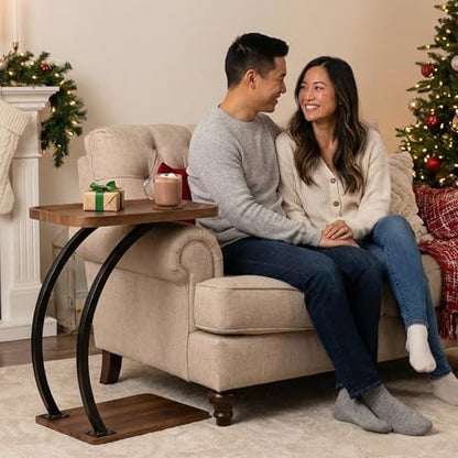 2 Tier Trays C Shaped End Table for Sofa, Heavy Duty with Double Dual Bent Metal Tubes Support,Dimension W20.5*D13.4*H25.5, Couch Table that Slides Under,Raised Edges Prevent Falling Off