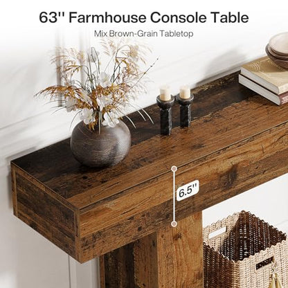 Tribesigns 63" Console Table, Farmhouse 2-Tier Entryway Table with U-Shaped Base, Narrow Long Wood Sofa Table Behind Couch Table for Living Room, Hallway, Foyer, Mix Brown - color: Mix Brown