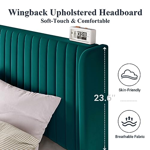 Allewie Queen Size Bed Frame/Velvet Upholstered Platform Bed/Vertical Channel Tufted Wingback Headboard/Strong Wooden Slats/No Box Spring Needed/Easy Assembly/Teal - color: Teal, size: Queen