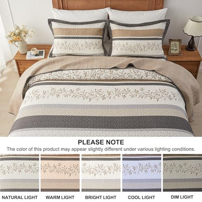 Oversized King Bedspreads 128x120, Reversible XL Bed Spread | 100% Cotton Extra Large Quilt Comforter, Farmhouse Botanical Pattern, Lightweight Bedding Set with 2 Shams, Khaki/Beige - color: Khaki/Beige/Gray, size: Oversized King Plus(128"x120")