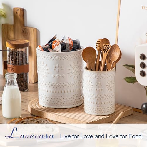 LOVECASA Ceramic Utensil Holder Set of 2, 7.2'' & 5.4'' Kitchen Crocks | Ceramic Utensil Crock, Countertop Storage, Set of 2, Farmhouse Style, Kitchen Decor, Vase-like Design, Housewarming Gift Use - color: Oasis, size: 7.2"+5.4" (Set of 2)