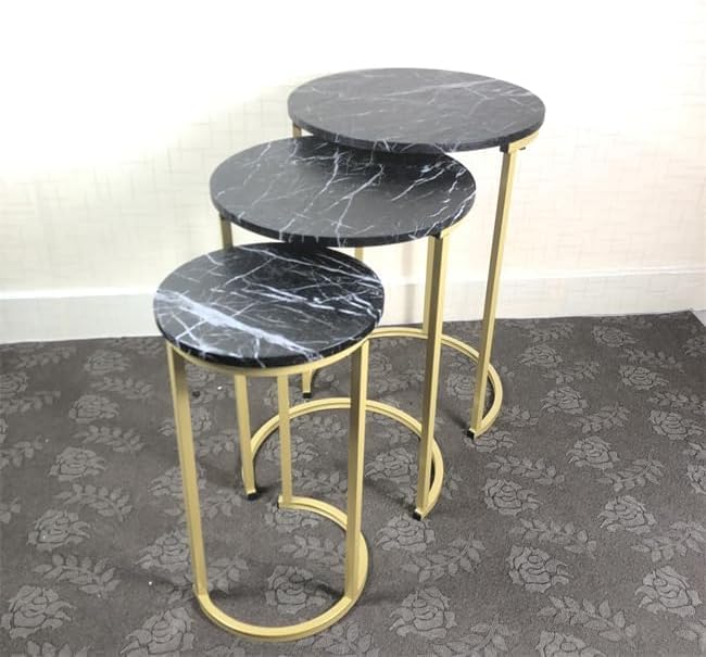 HYGRAD BUILT TO SURVIVE Set of 3 Round Wooden/Steel Nesting Side Stacking Sofa Side Coffee Tables, Small Space Coffee Tea Table for Hallway Living Room Bedroom, Home, Office (Black/Gold) - color: Black/Gold