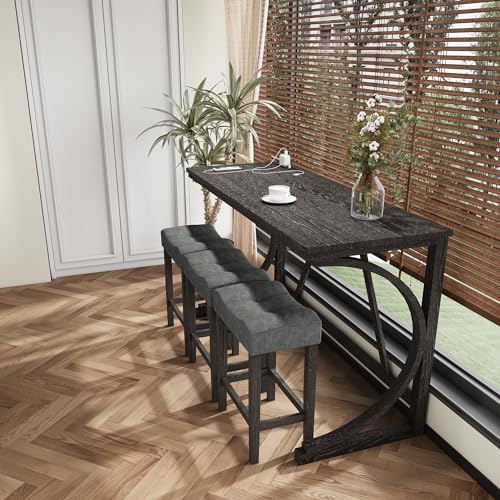 allamazing 4-Piece Counter High Bar Table Set with Socket and 3 Fabric Padded Bar Stools, Tall Kitchen Breakfast Nook with Stool, Black - color: 1+3 Black