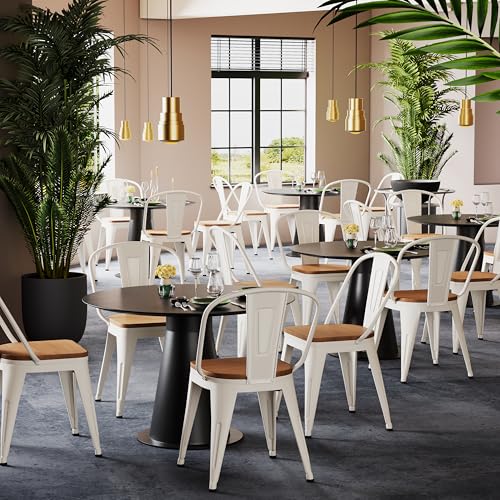 Alunaune 18inch Metal Dining Chair Set of 4 High Back Classic Chic Iron Farmhouse Chairs Industrial Stackable Coffee Stools Bistro Cafe Side Barstools Wood Seat-White - color: Cream White