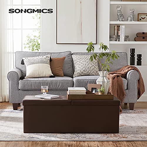 SONGMICS MAZIE Collection - 43 Inches Storage Ottoman Bench with Flipping Lid, Storage Chest with Iron Frame Support, Load 660 lb, for Living Room, Bedroom, Synthetic Leather, Brown ULSF75BR - color: Brown, size: 15"D x 43"W x 15"H, style: Classic