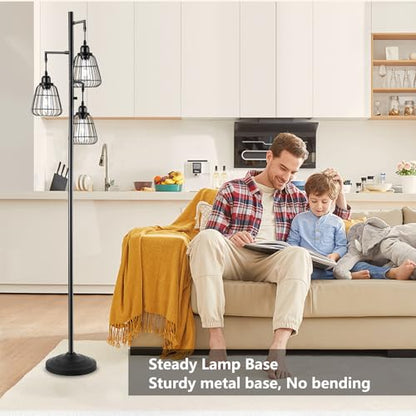 9MMML 68” Living Room Floor Lamp, Industrial Farmhouse 3 Teardrop Cage Standing Lamp,Black Tall Floor Lamp for Bedroom Office, 3 LED Edison Bulbs Included - color: Black