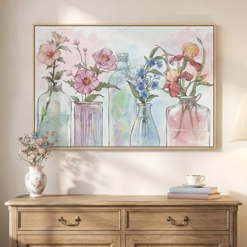 Framed Colorful Floral Wall Art, Modern Botanical in Vase Canvas Prints Painting, Pastel Watercolor Flower Wildflower Pictures for Living Room Bedroom Dining Room Bathroom Room Wall Decor, 24x36 Inch - color: Multi & Watercolor