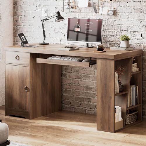 HSH Office Desk with Drawers, Farmhouse Computer Desk with Keyboard Tray | 55 Inch Rustic Wood Work Study Writing Pc Executive Table Studio Desks Home Workstation with Storage Shelves and Cabinet - color: Rustic Oak