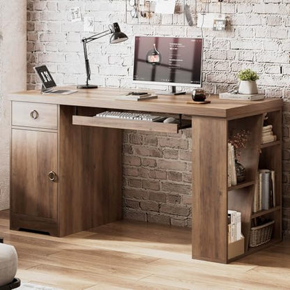 HSH Office Desk with Drawers, Farmhouse Computer Desk with Keyboard Tray | 55 Inch Rustic Wood Work Study Writing Pc Executive Table Studio Desks Home Workstation with Storage Shelves and Cabinet - color: Rustic Oak
