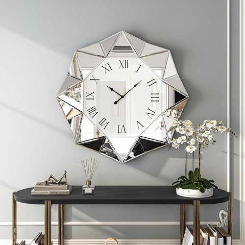 SHYFOY Decorative Wall Clock, 22 inch Mirrored Large Wall Clock | Silver Modern Silent Wall Clocks, Diamond Beveled Frame Edge, Home Art Deco for Living Room,Dining Room - size: OctagramA