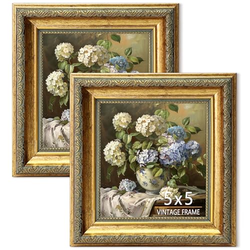 5x5 Picture Frame, Ornate Vintage Gold Photo Frames with HD Glass for Wall Decor or Tabletop Display, Antique 5 x 5 photo frame with Distressed Rust-Like Finish, Retro Home Decor, 2 Pack - color: Gold Distressed, size: 5x5-2P