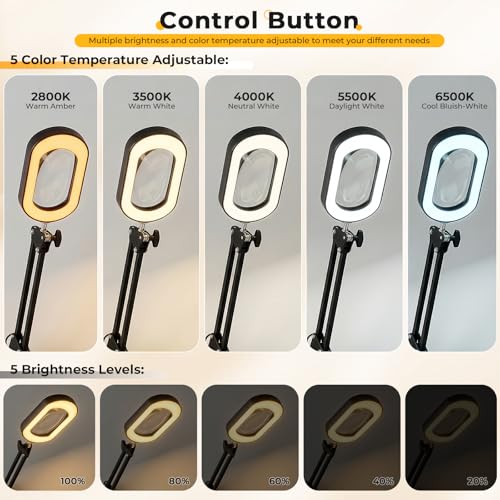 10X Square Magnifying Glass with Light and Stand/Clamp, 80 LED Lighted Magnifier with Dust Cover, 5 Color Modes Stepless Dimmable, Hands-Free Desk Magnifying Glasses for Close Work, Crafts, Reading