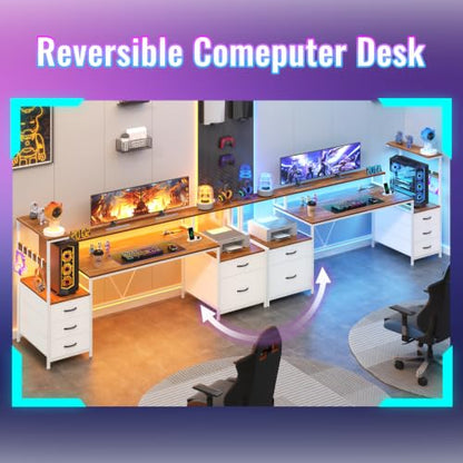 63" Computer Desk with Drawers, Storage Shelves and Printer Stand | Gaming Desk with Monitor Stand and LED Lights, Reversible Home Office Desk with Printer Shelf, Brown and White - color: Brown and White