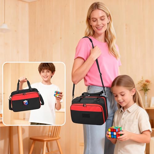 Speed Cube Case Holds 30+ Cubes and Timer with Shoulder Strap | Puzzle Cube Storage Bag with 6 Clear PVC Pockets, Front Organizer, D-Ring, Handles and Detachable Shoulder Strap, Black