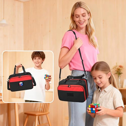 Speed Cube Case Holds 30+ Cubes and Timer with Shoulder Strap | Puzzle Cube Storage Bag with 6 Clear PVC Pockets, Front Organizer, D-Ring, Handles and Detachable Shoulder Strap, Black