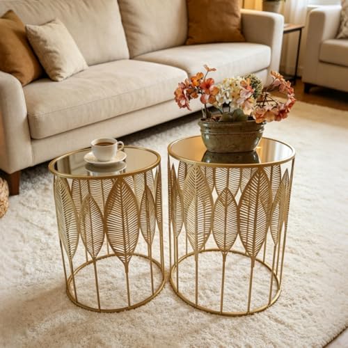 Homebeez Gold Nesting Tables Set of 2, Stainless Steel Top Round End Table | with Glam Leaf Design for Living Room & Bedroom, No Assembly Required - color: Gold Leaf