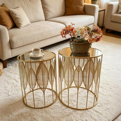 Homebeez Gold Nesting Tables Set of 2, Stainless Steel Top Round End Table | with Glam Leaf Design for Living Room & Bedroom, No Assembly Required - color: Gold Leaf