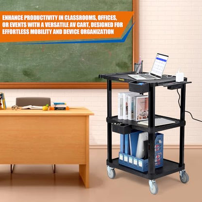 3-Tier Heavy Duty AV Cart with Power Strip, 27.5 x 18.25 in | 330 lbs Capacity, Flat Top Shelves, Industrial Rolling Cart, Swivel Wheels, AV Equipment Stand, Work Cart, Organizer - style: With Power Strip