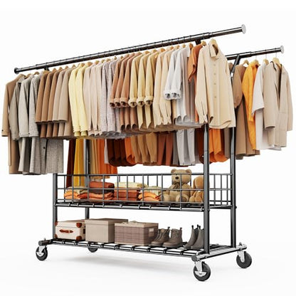 HOKEEPER Clothes Rack Load 635 LBS, Black Double Rod with Metal Basket | Heavy Duty Clothing Rack, Large Storage Space, with Wheels, Easy to Move & Assemble, 5 Years Sweet Service, 21.6"D*71"W*68"H - color: Black