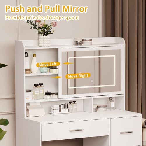 Viaozutis Vanity Desk with a Mirror and Lights，with Chair and Four Drawers, Three Adjustable Lighting Modes，with Power Outlet and Sliding LED Mirror,Bedroom Vanity Desk (White) - style: White