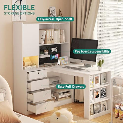 KEIKI L Shaped Home Office Desks with LED Light, Pegboard, Hutch, Drawers, Bookshelf & Storage Shelves, Modern Wooden Gaming Computer Corner Table for Work, Study, Writing