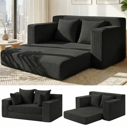 Convertible Sofa Bed, 5 in 1 Small Boneless Couch Pull Out Loveseat Sleeper Sofa,Corduroy Futon Couch Folding Mattress with 4 Pillows for Living Room (Black01, Loveseat)