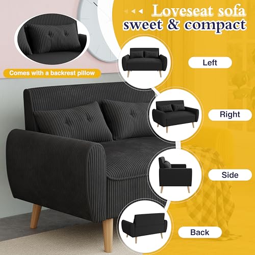 47'' Small Loveseat Sofa, 2 Seat Compact Couch with Tapered Legs, Black Upholstered Furniture, Solid Wood Frame, Comfy Foam Cushion, Easy Assembly for Small Spaces - color: Black