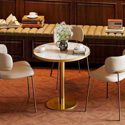 31.5" Circle Tulip Table with Sintered Stone Tabletop, Gold Edge & Pedestal | Modern Round Dining Table, Leisure Bistro Table for Kitchen, Small Places, Living Room, Cafe, Restaurant (Crystal Onyx) - color: Crystal Onyx (Golden Edge), size: Round