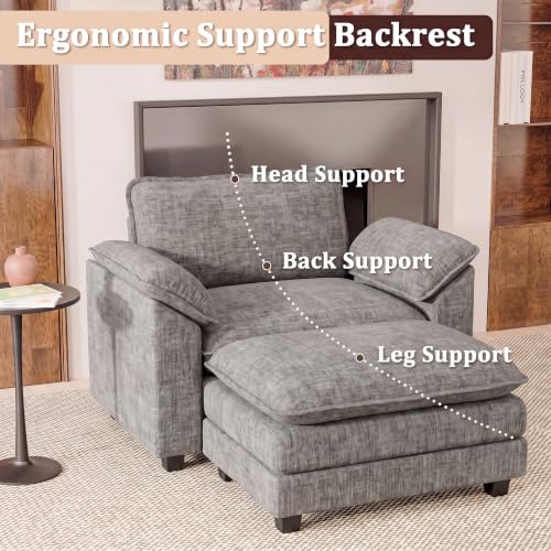 JUMMICO 40" Chaise Lounge Chair with Ottoman, Single Sofa Chair, Light Grey | Comfy Chenille, Double Layer Cushion, Wide Armrest, Deep Seat, High-Density Foam, Reading Chair for Living Room - color: Light Grey, size: Single Sofa Chair