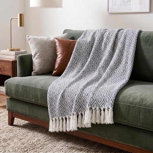 Americanflat 50x60 Throw Blanket - Soft and Breathable Cotton Throw Blanket for Couch, Bed, Chair - Decorative Blankets Perfect for Home or Outdoor Use - Navy Blue and White Double Diamond Design - color: Omala Navy and White Double Diamond