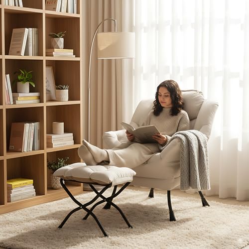 Lazy Chair with Ottoman, Comfy Accent Reading Chair, Beige | Foldable Footrest,Removable Cover,with Armrests and Side Pockets,Upholstered Lounge Chair for Bedroom,Dorm,Office,Small Space - color: Beige