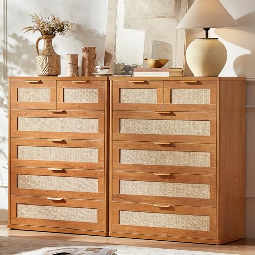 LEYAOYAO Rattan Dresser for Bedroom, 41" Tall Chest of Drawers | Gold Metal Handle, Brown Modern 6 Drawers Boho Dressers with Storage for Living Room, Hallway - color: Tea Brown, size: 15.5"D x 31.5"W x 41"H (6 Drawers)