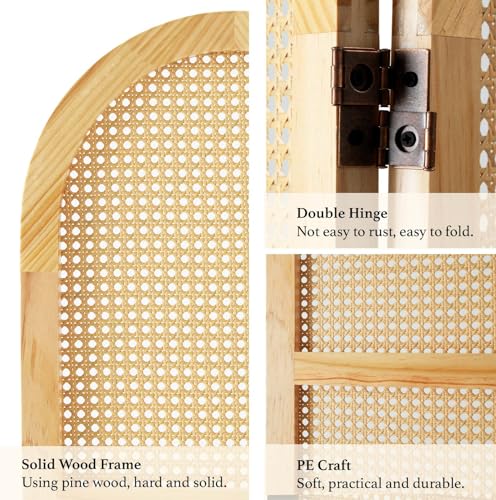 Svimi Room Dividers and Folding Privacy Screens, Pine Wood 5.6 Ft Double Hinged Rattan Partition Freestanding Wall Room Divider for Home - 3 Panels (Natural) - color: Natural