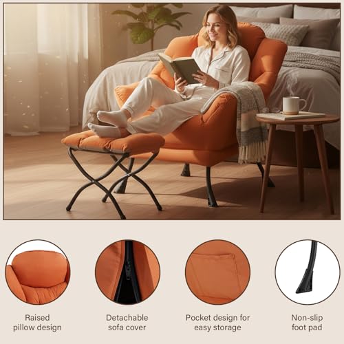 Welnow Lazy Chair with Ottoman, Reading Chair with Footrest，Orange | A Side Pocket,Armrests,Foldable Footrest,Thick Cushioned Seat & Backrest, Lounge Chair for Bedroom,Living Room & Small Space - color: Orange