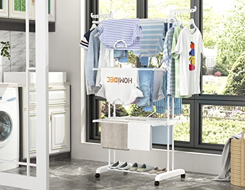 HOMIDEC Clothes Drying Rack, 4-Tier(67.7" H) Foldable Drying Rack Clothing | Foldable Stainless Steel Drying Rack, Movable Laundry Drying Rack with 4 Castors and 14 Hooks for Bed Linen, Clothing, White - color: White
