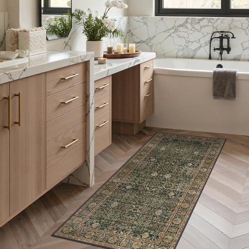 2'6" x 5' Kitchen Runner Rug, Washable Non Slip, Dark Green Brown | Vintage Floral, Spill Resistant, Lightweight Low Pile Carpet for Hallway, Bedroom, Laundry Room and Bathroom - color: Dark Green Brown, size: 2'6" x 5' (Rectangular)