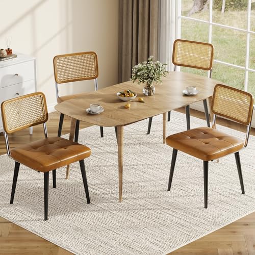 Garvee Rattan Dining Chairs Set of 4, Upholstered Dining Room Chairs with Rattan Backrest, Armless Side Chairs for Kitchen Living Room, Restaurant, PU Leather, Brown | Upholstered Kitchen Chairs with Rattan Backrest, Armless Side Chairs for Kitchen, Livin