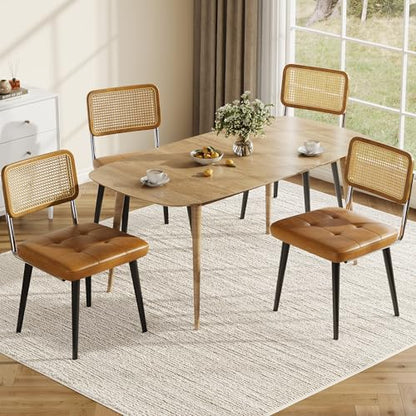 Garvee Rattan Dining Chairs Set of 4, Upholstered Dining Room Chairs with Rattan Backrest, Armless Side Chairs for Kitchen Living Room, Restaurant, PU Leather, Brown | Upholstered Kitchen Chairs with Rattan Backrest, Armless Side Chairs for Kitchen, Livin
