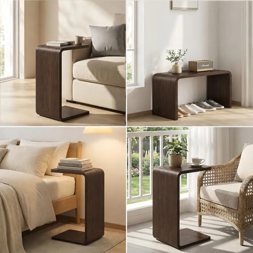 CHSSIH C Shaped End Table for Couch - Wooden Sofa Side Table, Slide Under Couch Table for Living Room, Bedroom, Laptop, Coffee, Small Space Narrow Furniture (Dark Walnut) - color: Dark Walnut